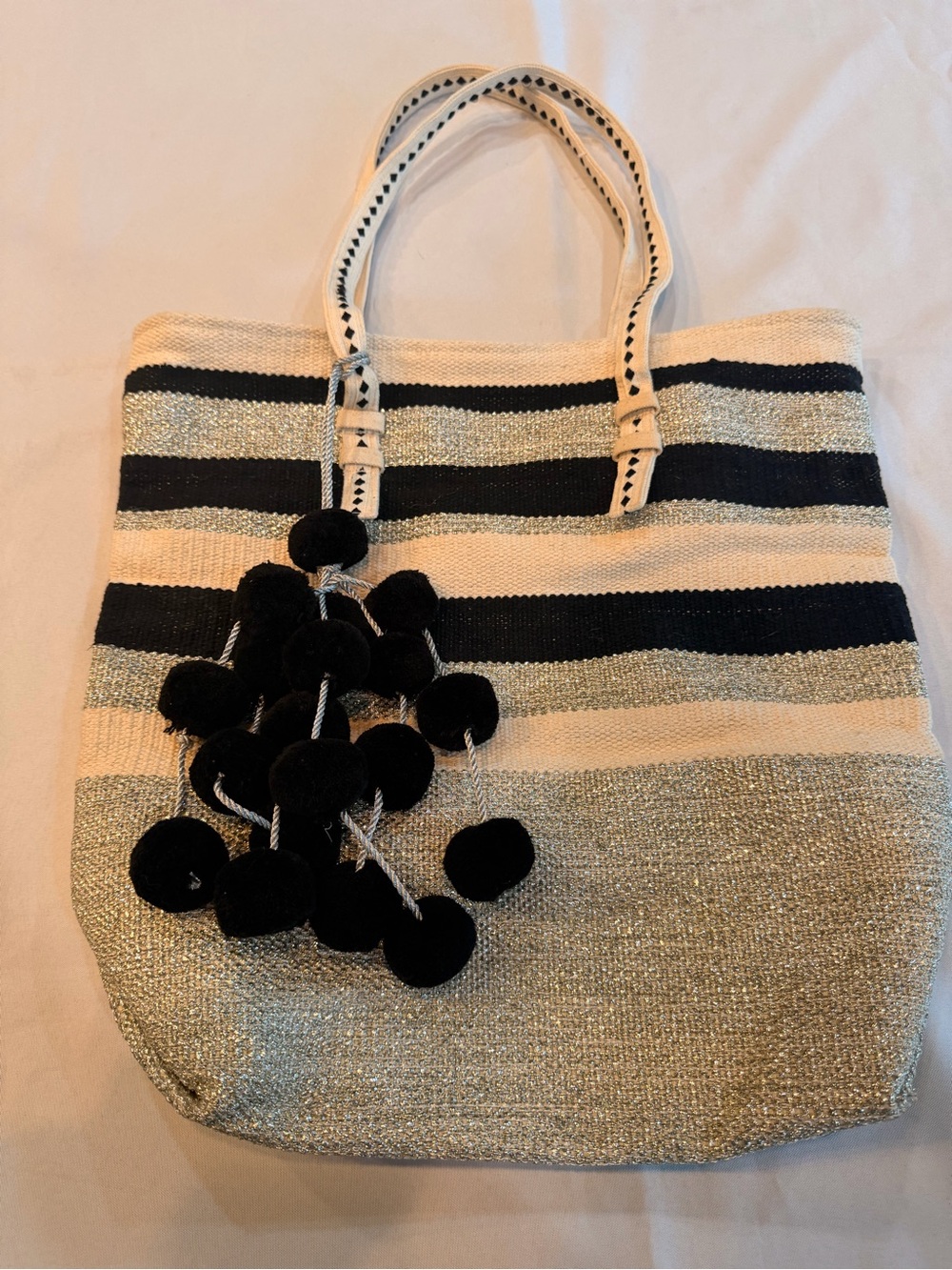 America & Beyond Metallic Black and Cream Stripe Large Tote Cluster Pom Charm